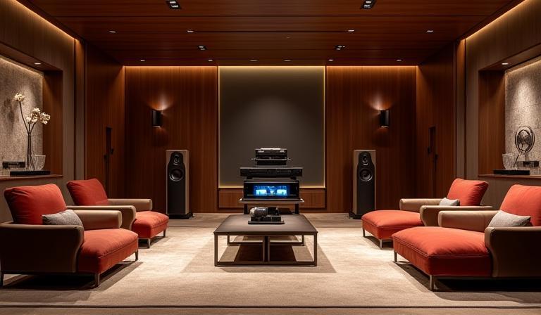Luxurious interior of the Gulf Audio Solutions showroom in Dubai, showcasing high-end audio systems and listening stations
